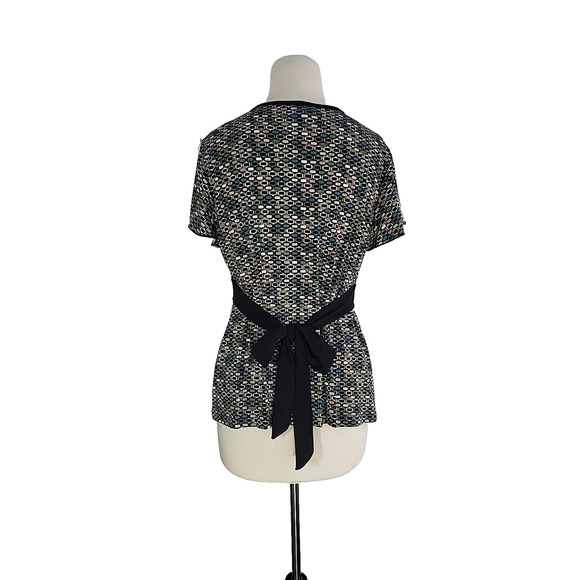 Vintage 90s Babydoll Top Black Green Geometric Flutter Short Sleeve Bow Boho USA - Picture 5 of 15